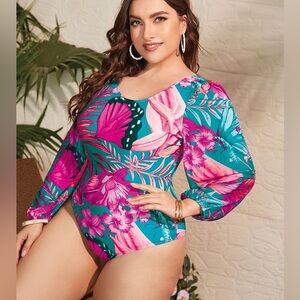 NWOT Women's Plus Size Tropical Print Long Lantern Sleeve One Piece Swimsuit